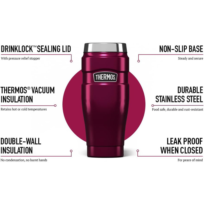 Термокружка Thermos King Reise, нержавіюча сталь, 470 мл, колір полуниця, 8.3 x 8.3 x 20 см