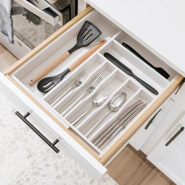 Органайзер для столових приборів KitchenEdge, розширюваний, для вузьких кухонних шухляд, 9 відсіків, антиковзкі ніжки, безпечний для їжі, білий