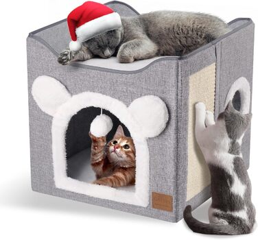 Foldable Cat House, 2-Tier Cat Cave Cube Large Space Cat Bed with Scratching Board and Play Ball for Small to Medium Pets Indoor Retreat 40 * 40 * 35cm Grey