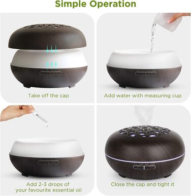 Аромадифузор WD&CD 550 мл з пульт дистанційного керування, ультразвуковий зволожувач повітря, дифузор для ефірних олій, 7 кольорів LED, автоматичне відключення - білий (темно-коричневий)