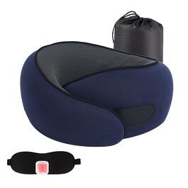 Подушка для подорожей з піни Memory Foam, набір (маска для сну, беруші), U-подібна подушка для шиї, рожево-синя