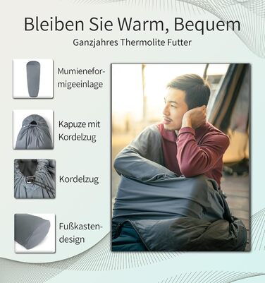 Спальний мішок-вкладиш Litume Thermolite Velour, антипиловий, для туристів, температура 12°C/8°C, для кемпінгу, легкий, з капюшоном і шнурком, універсальний, мумиформ, для походів та подорожей