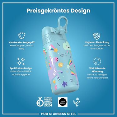 ion8 Insulated Stainless Steel Drinking Bottle 320 ml Leak-Proof One-Handed Opening Secure Locking Dishwasher Safe Flip-Top Lid Carrying Handle Easy to Clean, Durable, Unicorn (Evo, Steel, Alaskan Blue)