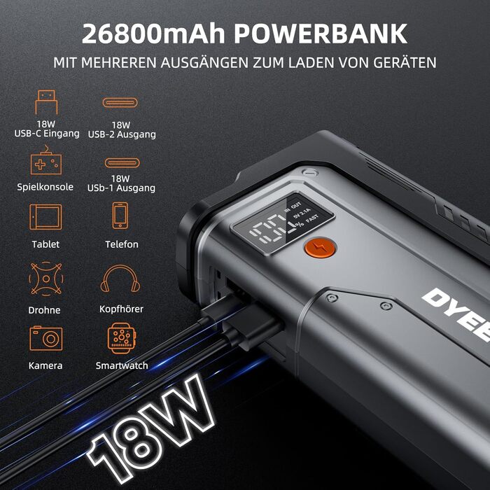 Powerbank Starthilfe 7000A: портативний пусковий пристрій для авто 12V (бензин, дизель до 12.0L), з LED ліхтариком та USB зарядкою, сріблястий