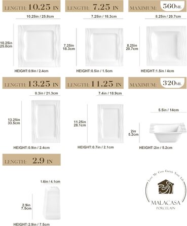 MALACASA, Mario Series, 28-piece porcelain dinnerware set consisting of 6 bowls, 6 dessert plates, 6 soup plates, 6 dinner plates, 2 rectangular platters, and 2 salt and pepper shakers.