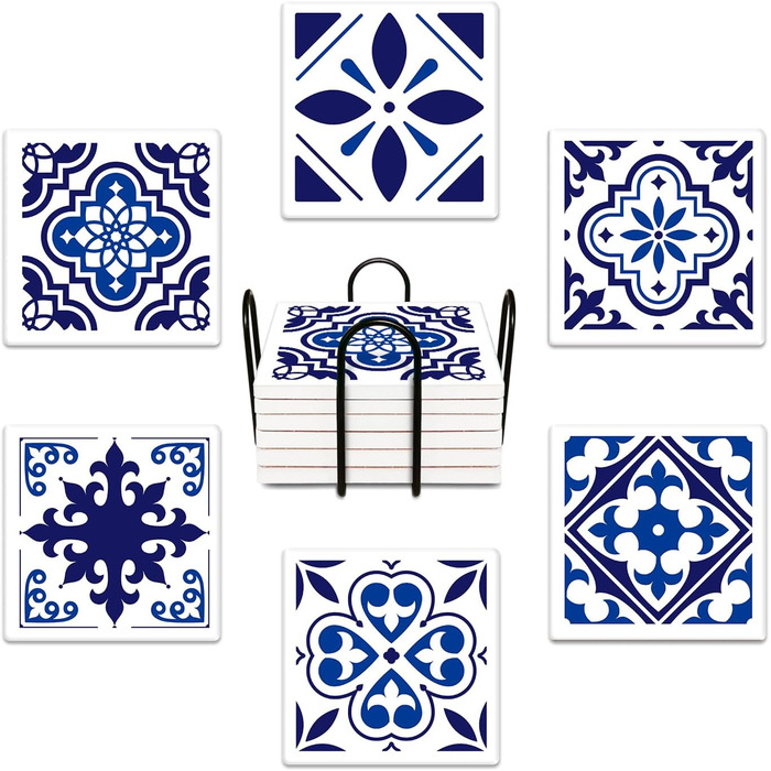Coasters for drinks, 6 pieces, yellow lemon, fruit, blue ceramic tiles, pattern, absorbent, square, ceramic stone mat, with cork bottom and metal holder, housewarming gift, (Blue Ceramic)