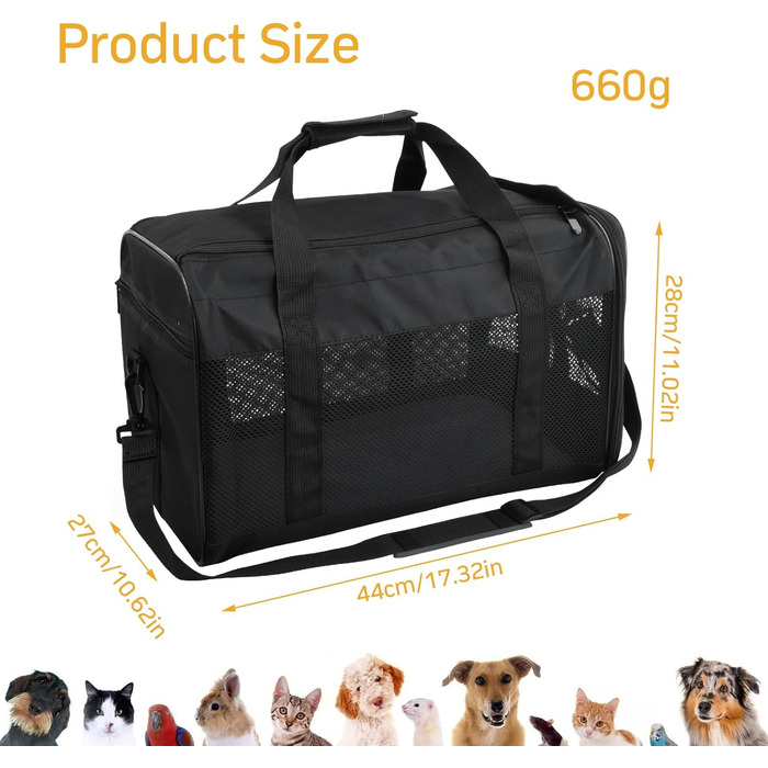 Транспортна сумка для кота та собаки Amexo, складана переноска для тварин, переноска для котів та собак середніх розмірів до 10 кг, 44 x 27 x 28 см (чорна)