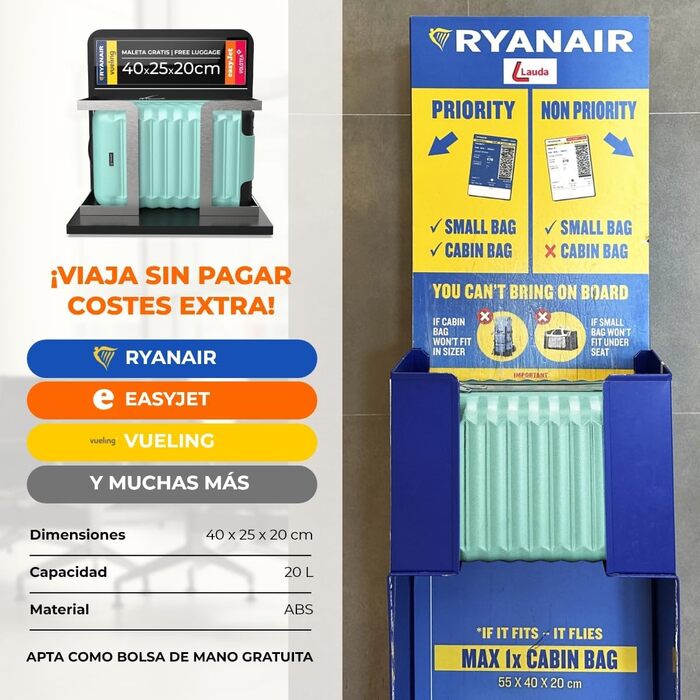 Чемодан ручної поклажі NUMADA Upfly Underseat 40x25x20 см (20 л), зелений. ABS, знімні колеса, для Ryanair, Vueling, Easyjet