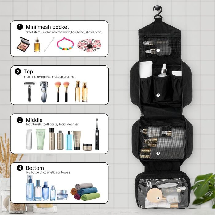 Сумка для туалетних аксесуарів на гачок, дорожня косметичка для жінок та чоловіків, органайзер для косметики з 4 відділеннями, чорна, Oxford Caping