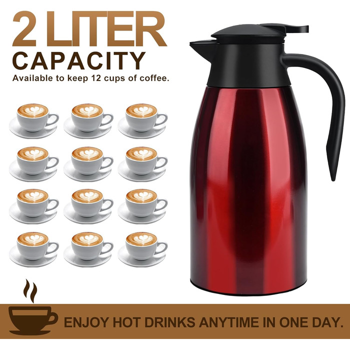 2 Liter Vacuum Insulated Flask, Stainless Steel Thermos, Large Opening, Thermos Keeps Drinks Hot for 12 Hours, Ideal as a Coffee Pot or Tea Pot, Pot for 12 Cups (Red)