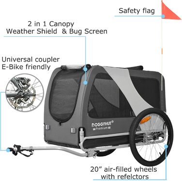 DOGGYHUT® Преміум XL Причіп для собак до 45 кг. Причіп для велосипеда для собак, великих собак, сірий (80103)