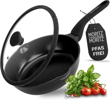 Сковорода Moritz & Moritz 26 см з кришкою, чорна, з антипригарним покриттям та Soft-Touch ручкою - для смаження, тушкування та приготування на пару. Підходить для всіх типів плит.