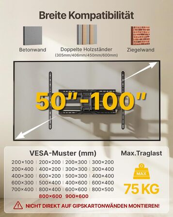 Настінне кріплення для телевізора monTEK 50-100 дюймів (до 75 кг), поворотне, з похилим кутом, з висувним подвійним кронштейном 638 мм, VESA 900x600
