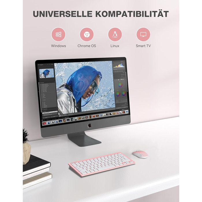 TECKNET Бездротова Клавіатура та Миша, QWERTZ, 2.4 GHz, 15м, Безшумна, для ПК, Ноутбука, Smart TV, Біла (Рожева)