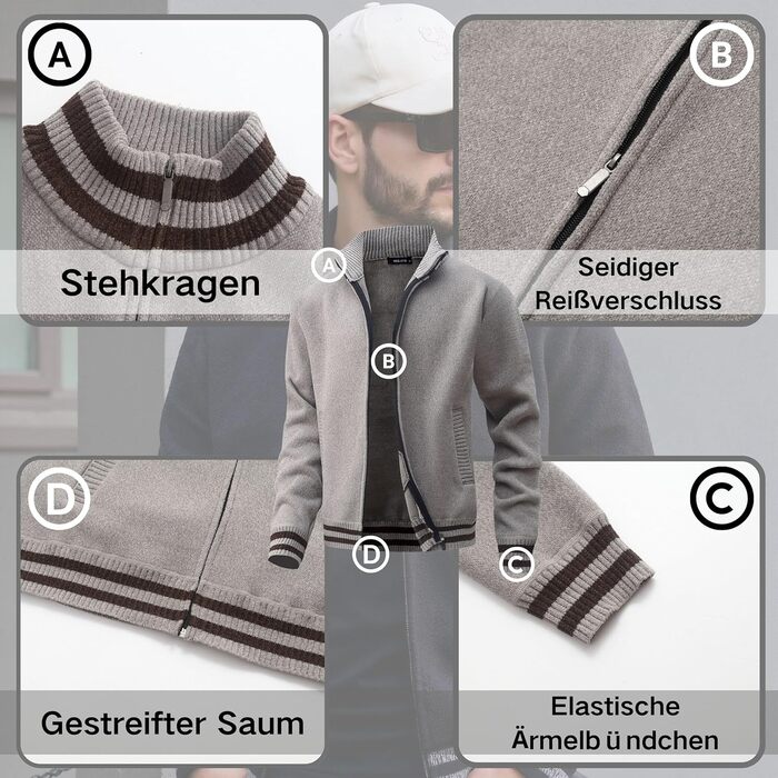 Чоловічий светр з кишенями та коміром-стійкою, флісовий підкладка, кардиган, повсякденний зимовий светр, теплий верхній одяг, куртка, великий розмір (Хакі, XXL)