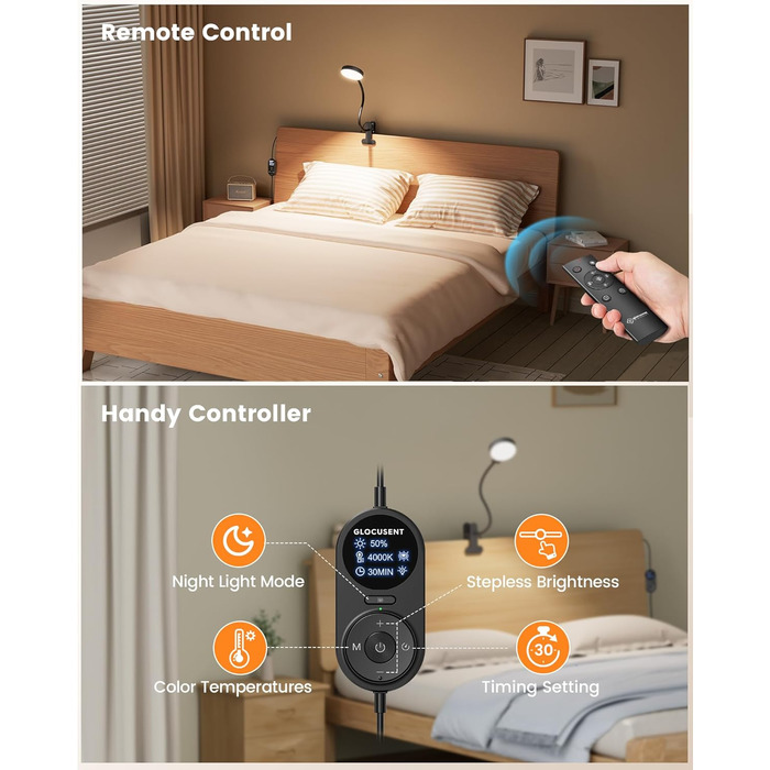 Світлодіодна приліжкова лампа Glocusent з кліпсою, 72 LED, 3 кольори світла, 5 рівнів яскравості, нічник, таймер, захист очей, для читання, роботи (чорна з пультом)