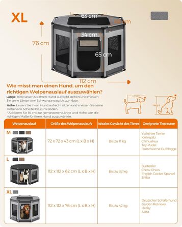 Клітка-вольєр для цуценят Feandrea Oxford, восьмикутна, XL, 112 x 112 x 76 см, з PVC-каркасом та дихаючою сіткою, з кишенею, сіро-сіра, PDC006G01 XL