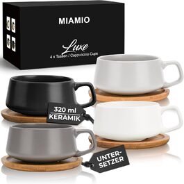 MIAMI - 4 x 320 ml Coffee Cups/Cappuccino Cups with Saucers/Elegant/Modern/Coffee Cups made of Stoneware - Luxe Collection 4-Piece Set (Classic Pastel)