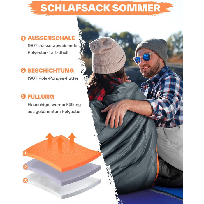 Сплячий мішок Sportneer - компактний та ультралегкий (950г/1500г) - кокон для кемпінгу, подорожей та відпочинку на природі. Підходить для чоловіків, жінок та дорослих. Односезонний/трисезонний спальний мішок (Помаранчевий, літо)