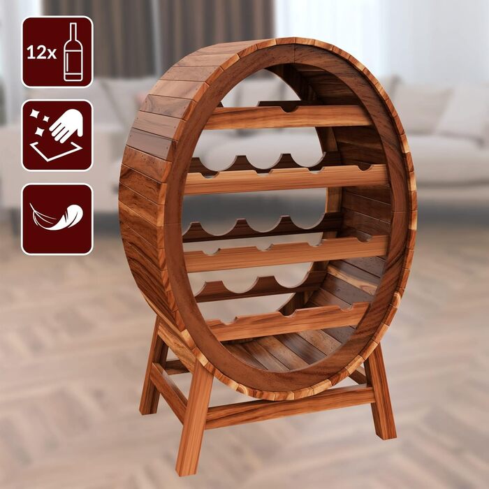 Casaria® Wine Rack Barrel 12 Bottles Acacia Solid Wood Rustic 90x50x30cm Standing Cellar Kitchen Living Room Bar Wine Barrel Bottle Rack Wine Stand Shelf
