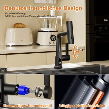 Чорний кухонний змішувач з висувною лійкою, 3 режими, LED-індикатор температури, поворотний на 360°, для високого тиску, регульована висота