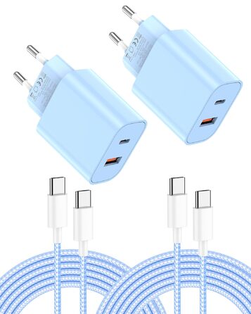 Зарядний пристрій 2 в 1 USB-C 20W, 2 порти (USB-C/USB-A) для iPhone 17 Pro Max/16/15/14/13/12, Galaxy, iPad - кабель Type-C 2м, блакитний (2 шт)