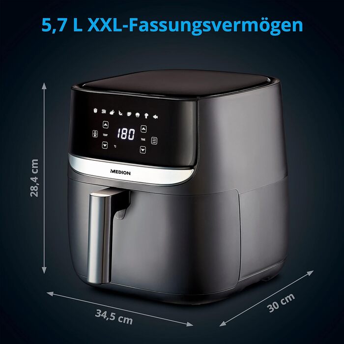 Аерофритюрниця MEDION E50 XL, 5,7 л, 1700 Вт, цифрова панель, 8 програм, без олії, чорна