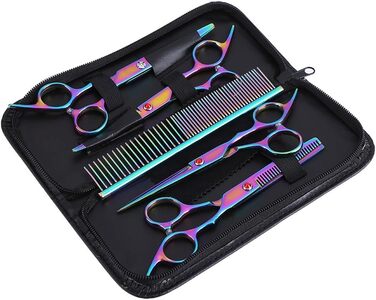 Набір ножиць для догляду за собаками (6 шт.), з нержавіючої сталі, веселковий дизайн, для собак та котів