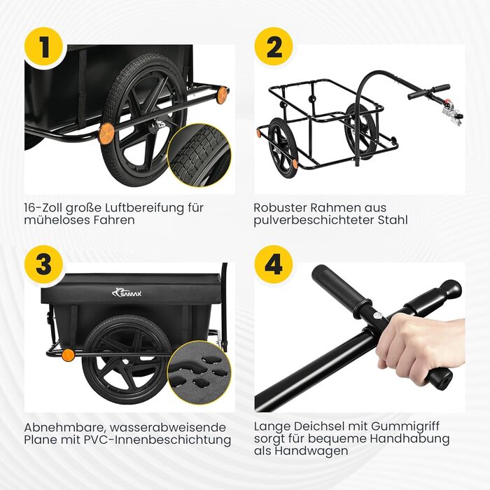 Причіп для велосипеда SAMAX 70 літрів / 60 кг - вантажний причіп з пластиковою ванною, чорний (90л / 80кг, для гірських велосипедів)