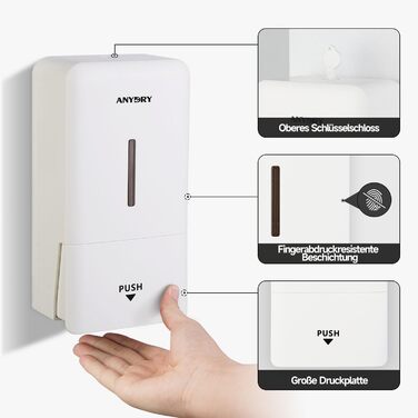 Anydry Ручний дозатор для мила на стіну, 800 мл, з вікном, для дому та бізнесу, білий