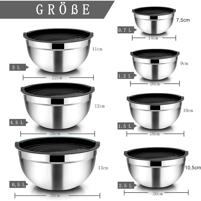 Homikit Mixing Bowl Set, Stainless Steel Bowl 7-Piece Set, Salad Bowl with Airtight Lid for Cooking/Baking/Serving, Nesting & Dishwasher Safe, 6.5/4.5/2.7/2.5/1.5/1.2/0.7L, Black