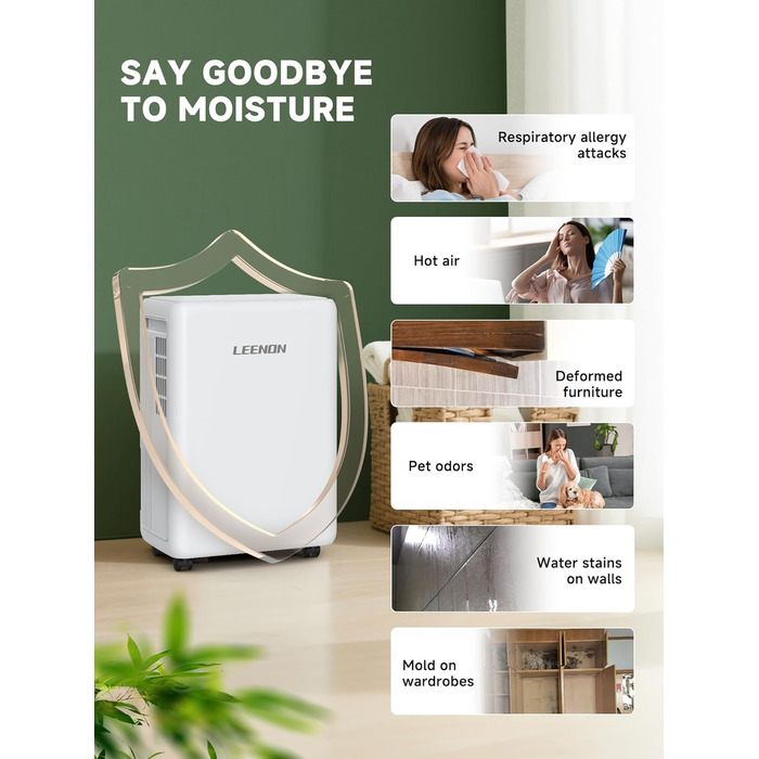 Електричний осушувач повітря 12L/день, тихий, з таймером, фільтром та захистом від дітей, смарт-режим, економний, проти цвілі та вологи