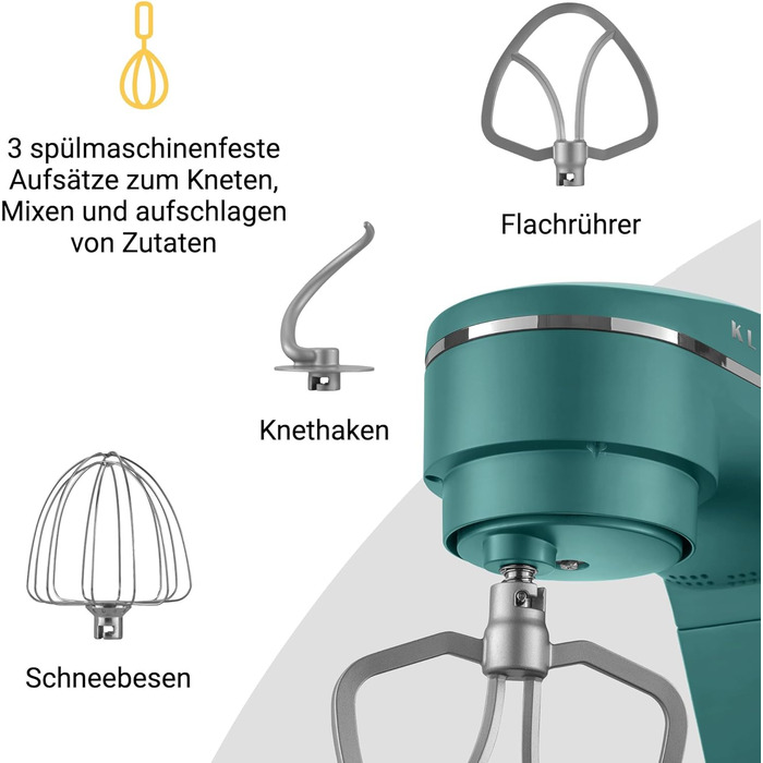 KLAMER 1800W Stand Mixer - Stainless Steel Bowl 6L, 10 Speed with Timer, Planet Mixing Action, Dough Hook, Whisk & Beater - Turquoise