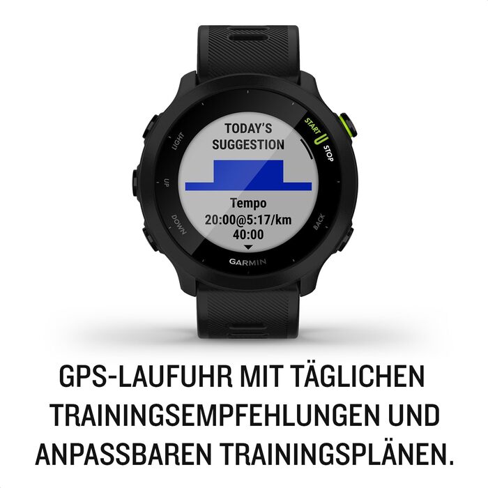 Garmin Forerunner 55 – GPS-годинник для бігу з кольоровим дисплеєм, що завжди активний, щоденними рекомендаціями для тренувань, прогнозом часу пробіжки, спортивними додатками, чорного кольору та з акумулятором до 14 днів. Single