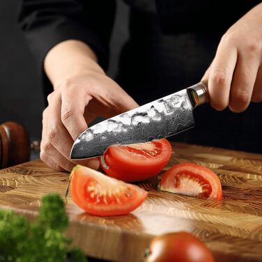 Японський ніж Santoku Zayiko Minami Premium з 12 см лезом з дамаської сталі 67 шарів, ручка з оливкового дерева, дерев'яна коробка. Кухонний ніж для професіоналів та дому без гравіювання