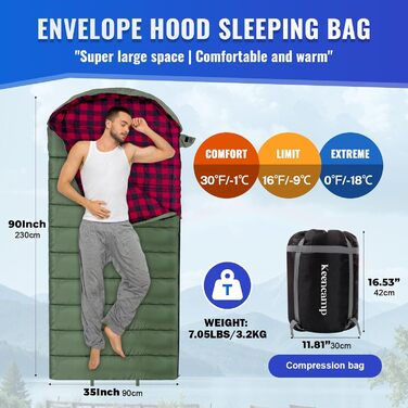 Спальний мішок Keencamp Flanell Warmer для кемпінгу та відпочинку на природі - 3-4 сезони, бавовняна підкладка, до -1°C, XXL, 230x90 см (Olive-L-Zip)
