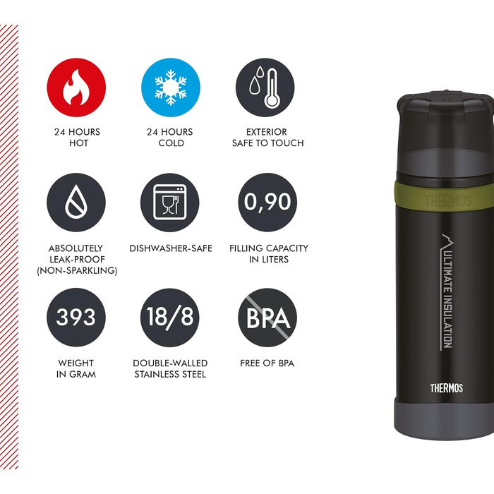 THERMOS MOUNTAIN BEVERAGE BOTTLE 0.9L, Black, Stainless Steel Thermos Flask with Drinking Cup, 24h Hot / 24h Cold, Lightweight Outdoor Bottle, Robust, Disassemblable Lid, BPA-Free