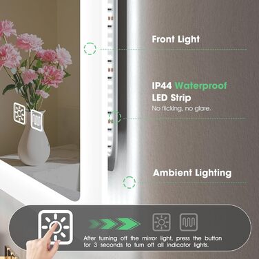 Дзеркало для ванної кімнати S'bagno з підсвічуванням 80x60 см, LED, Bluetooth, протитуманне покриття, 3 кольори, регулювання яскравості, пам'ять, загартоване скло, IP44, горизонтальне/вертикальне встановлення