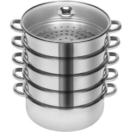 Паровар Susoso 26 см, 5-ярусний, з нержавіючої сталі, з підігрівом, для всіх плит, з кришкою з термостійкого скла, сріблястий