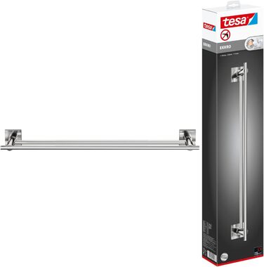 tesa EKKRO Double Towel Rail, Chrome - Towel Holder with 2 Bars - For Wall Mounting Without Drilling, Includes Adhesive Solution - 112 mm x 640 mm x 50 mm