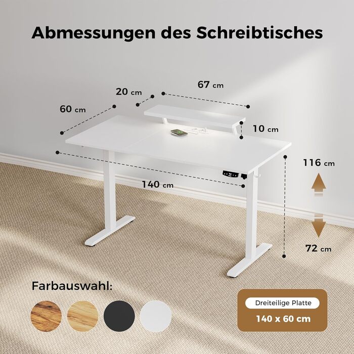 Електричний регульований стіл Agilestic 140x60 см з LED-підсвіткою, USB-портом та мобільним тримачем монітора, білий
