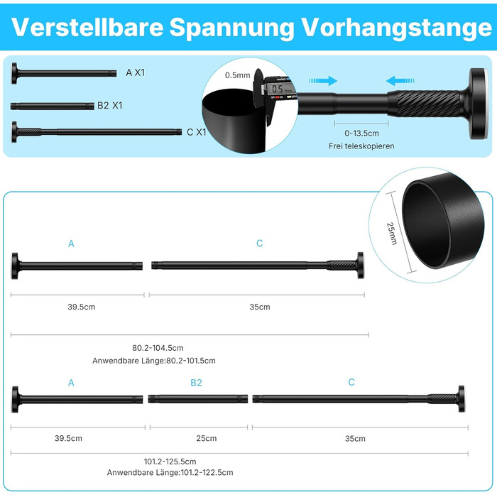 Штанга для карнизи без свердління, 100-230 см, регульована телескопічна штанга для душу, вікна та балкону (діаметр 25 мм, чорний)