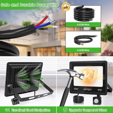 LED прожектор з датчиком руху для вулиці, 50Вт, 5000Лм, IP67, 7000K холодне біле світло, надяскравий, для саду, гаража, подвір'я (2 шт)