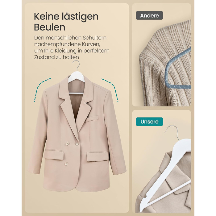 Плечики SONGMICS для одягу, 30 шт., з дерева, для сорочок та курток, білий, CRW030W02