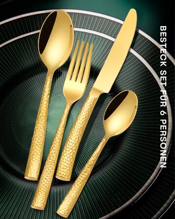 HONKKU 30-Piece Flatware Set, 6 People, Gold, Thickened Stainless Steel Cutlery Set with Hammered Handle, Eating Cutlery Set with Knife, Fork, Spoon, Mirror Polished, Dishwasher Safe