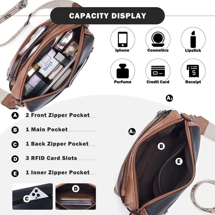 Сумка жіноча через плече MUIIKOLA середнього розміру, екошкіра, чорно-коричнева, з широким м'яким ременем