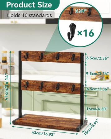 Vintage Mug Holder with 8 Hooks, Coffee Cup Holder for Countertop, Cup Stand with Storage Bottom, for Kitchen Dining Room Cafe 40 x 15 x 40 cm, TBJ002H (without shelf, Vintage Brown)