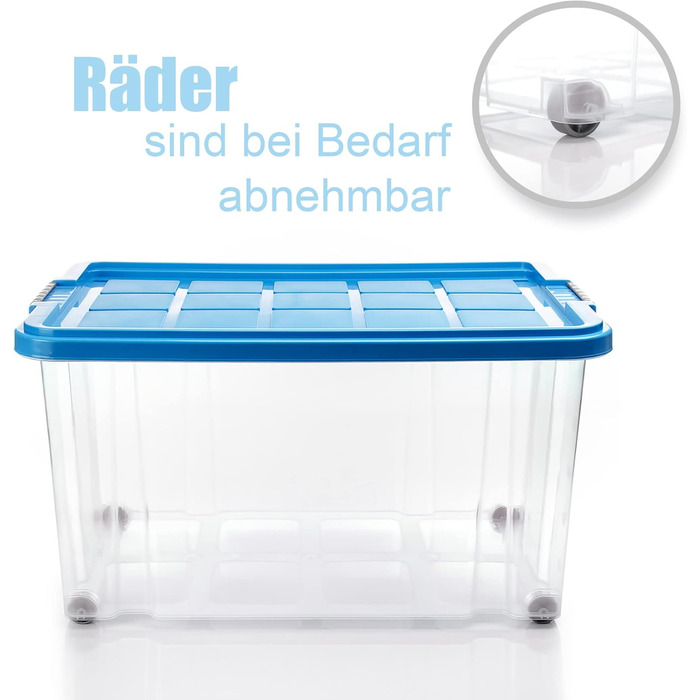 BigDean 4-Piece 60L Storage Boxes with Lid Large Steel - Stackable, Robust Box BPA-Free - Rollable Storage Box with Secure Click Closures - Made in Germany (Blue)