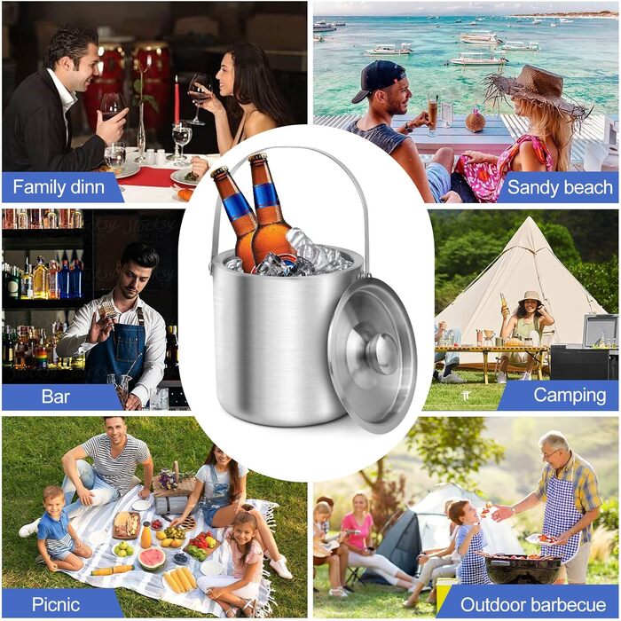 Ейскюбель 2L: Ізольований ейскюбель з кришкою та шуфлером з нержавіючої сталі. Ідеально для пива, шампанського, вина та напоїв.