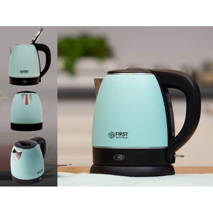Електричний чайник First Austria Edelstahl, зелено-чорний, 2200W, 1.2л, 20см, з фільтром від накипу, захистом від сухого кипіння, бездротовий